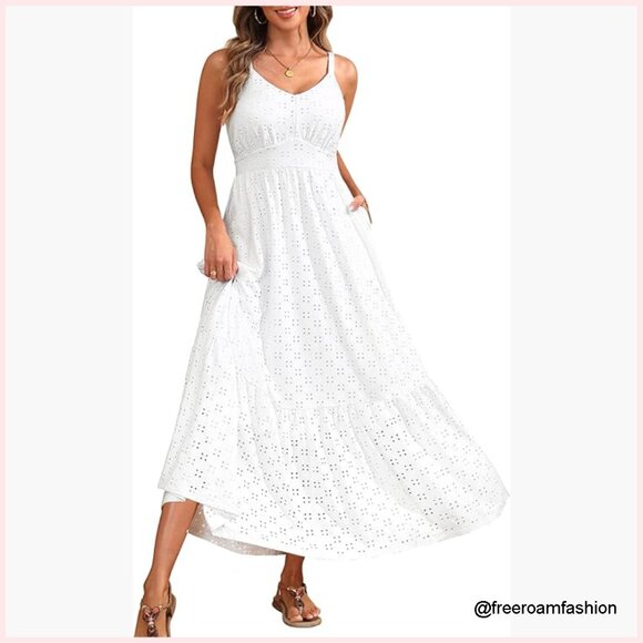 Plus Size Maxi Dress with Pockets Eyelet Fabric Adjustable Straps V-Neck